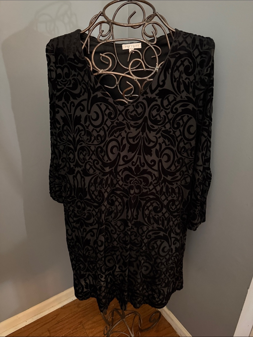 DownEast Black Velvet-Print Long Sleeve V-Neck Dress